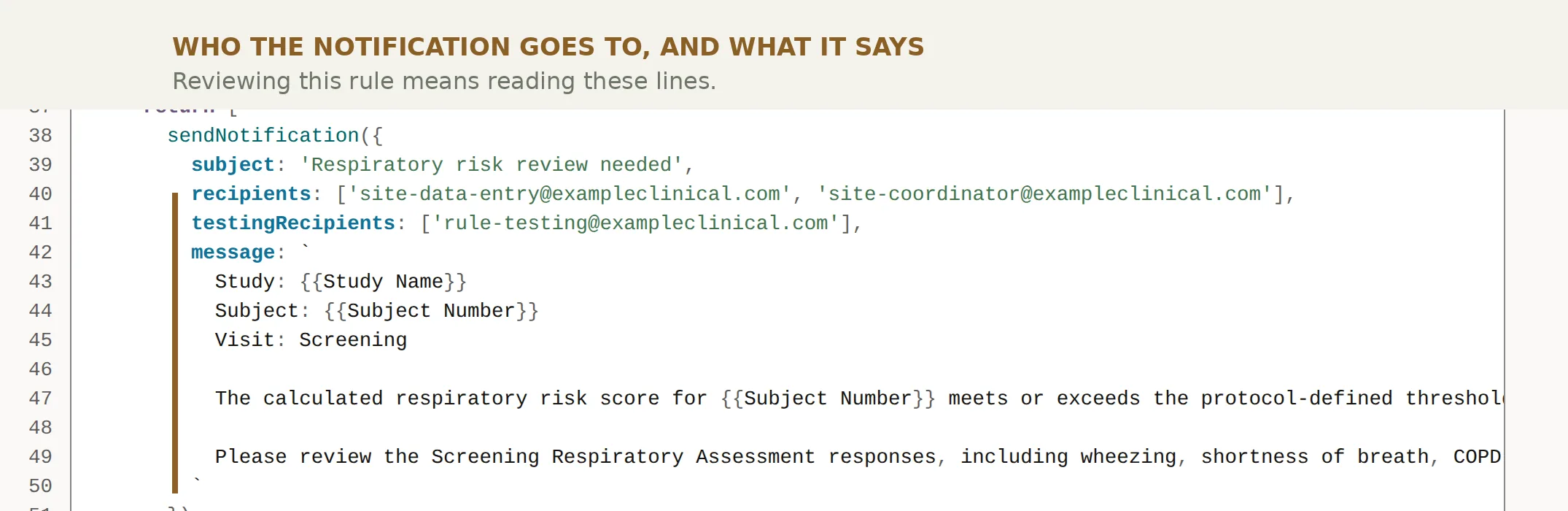 Detail of the generated code showing the notification recipients and message body inside the rule