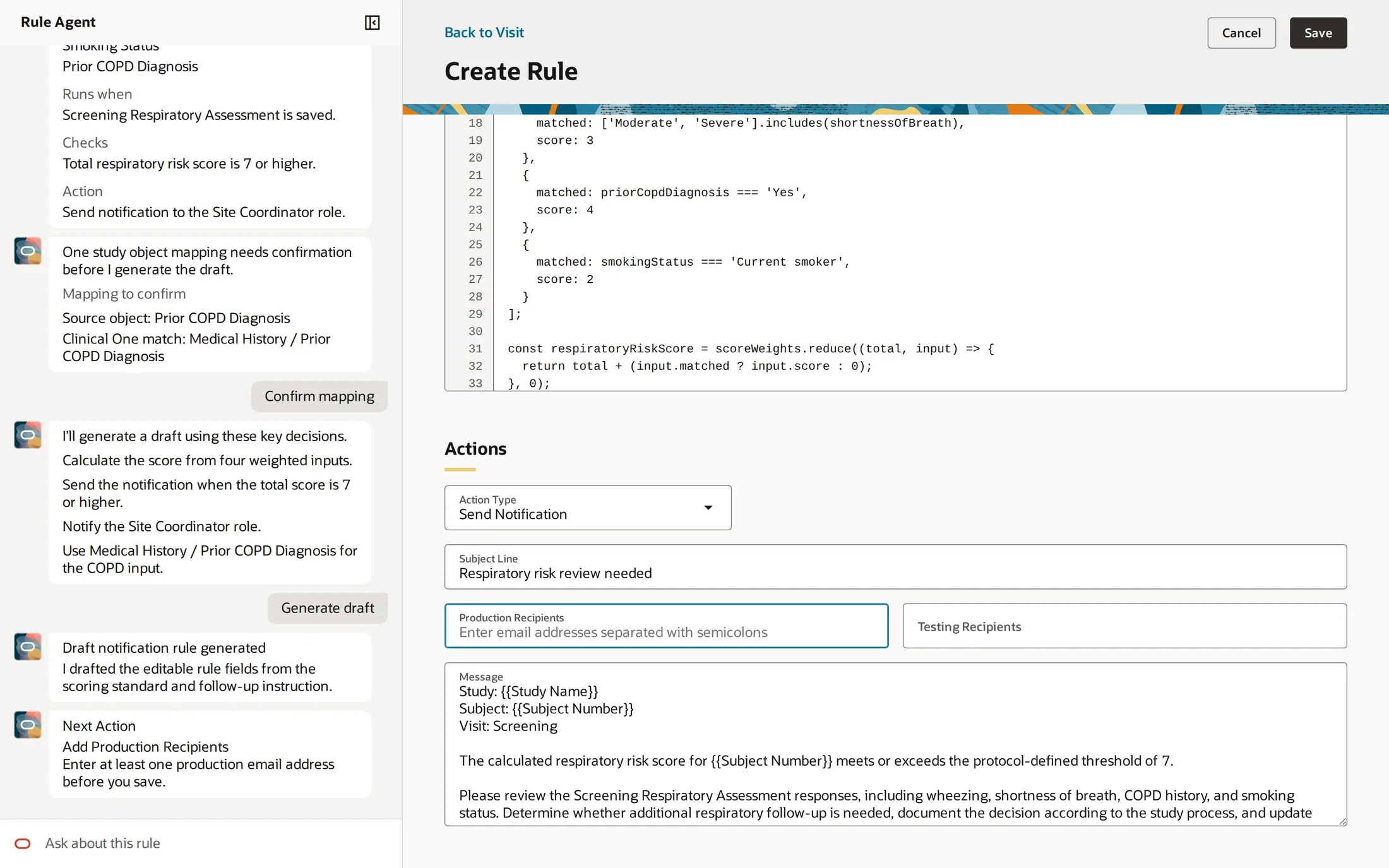 The existing editor filled in, with action type, subject line, recipients and message as separate fields